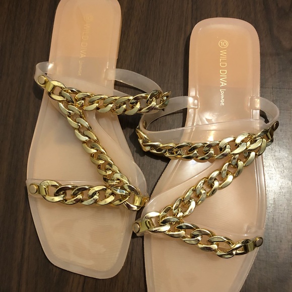 New Wild Diva Lounge Peach Plastic Jelly Flat sandals Size 10 Gold chain Braided - Picture 16 of 16